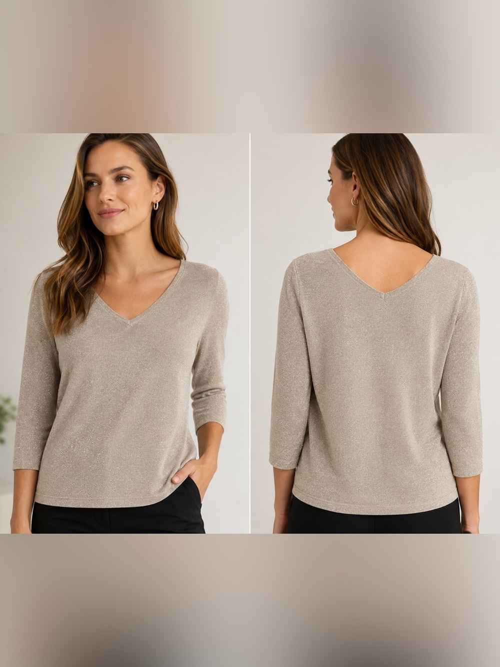 Ann Taylor Silk Blend Metallic Shimmer Women’s Medium Beige V-Neck